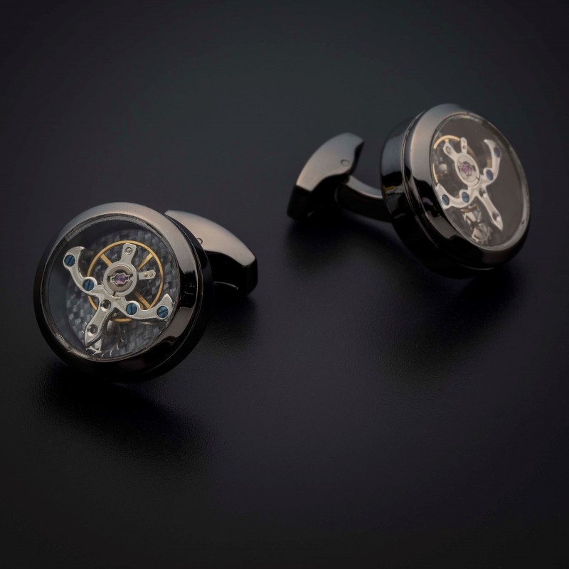Boutons de manchettes "tourbillon" -  acier inoxydable & laiton plaqué rhodium - couleur anthracite (gris foncé)