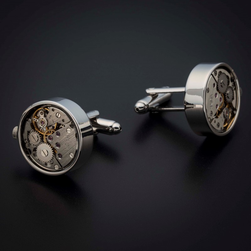 Boutons de manchettes "mouvement de montre" -  acier inoxydable & laiton plaqué rhodium - couleur argent