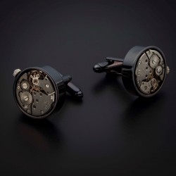 Boutons de manchettes "mouvement de montre" -  acier inoxydable & laiton plaqué rhodium - couleur anthracite & acier