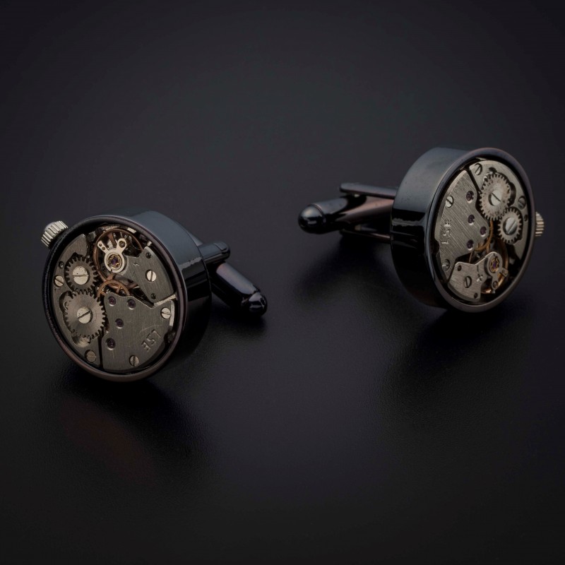 Boutons de manchettes "mouvement de montre" -  acier inoxydable & laiton plaqué rhodium - couleur anthracite & acier