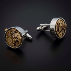 Boutons de manchettes "mouvement de montre" -  acier inoxydable & laiton plaqué rhodium - couleur acier chromé & or