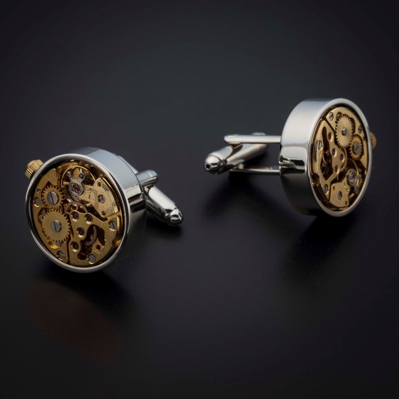 Boutons de manchettes "mouvement de montre" -  acier inoxydable & laiton plaqué rhodium - couleur acier chromé & or