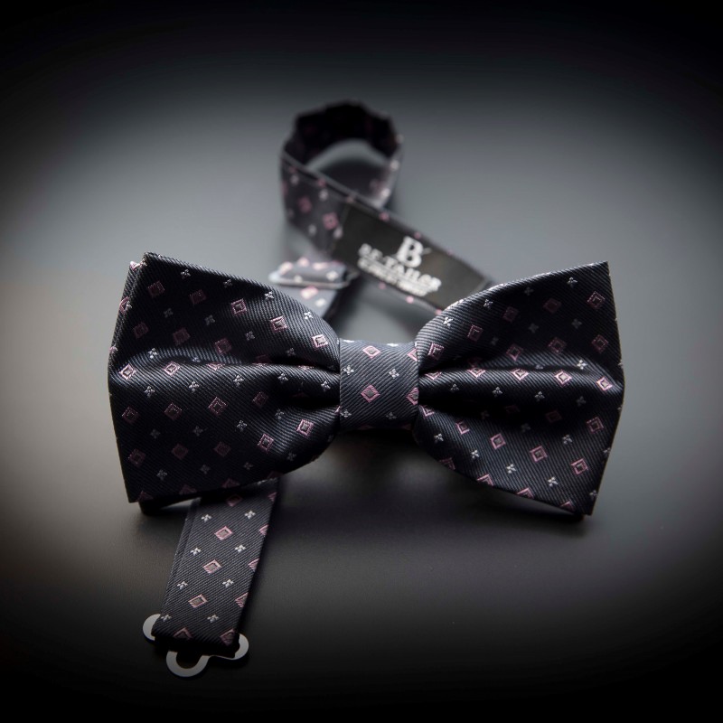 Noeud papillon homme pure soie - gris foncé (anthracite) à motifs rose et argenté