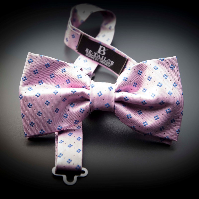 Noeud papillon homme pure soie - rose à motifs bleu