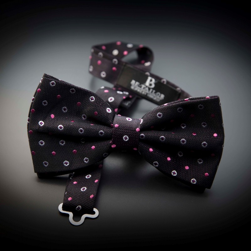 Noeud papillon homme pure soie - aubergine à motifs rose et argenté