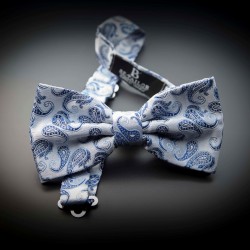 Noeud papillon homme mariage pure soie - gris argenté à motifs bleu