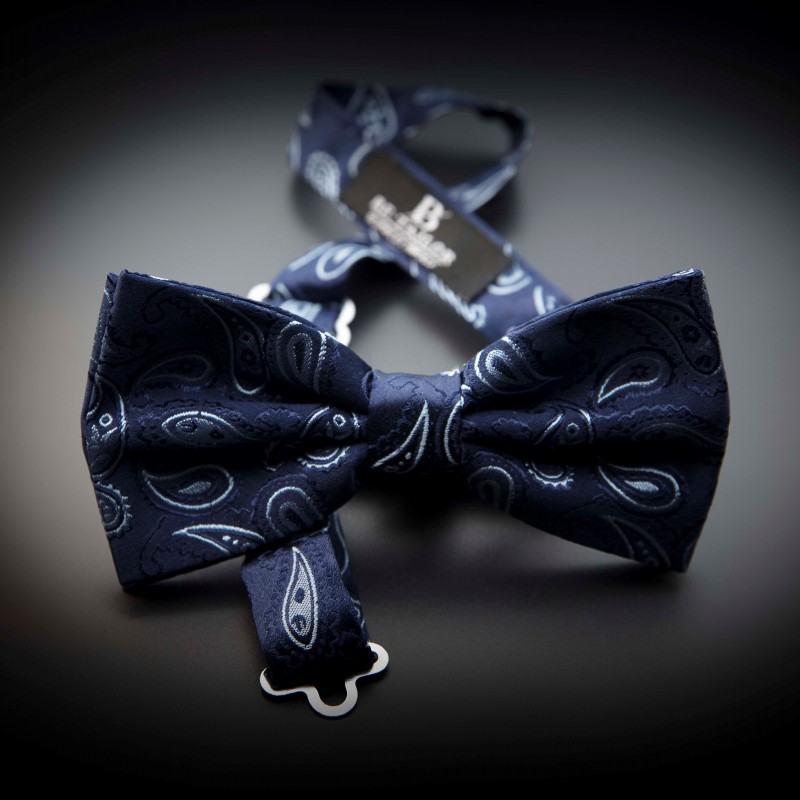 Noeud papillon homme mariage pure soie - bleu foncé à motifs Paisley bleu clair