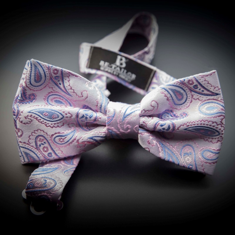 Noeud papillon homme mariage pure soie - rose à motifs Paisley bleu clair