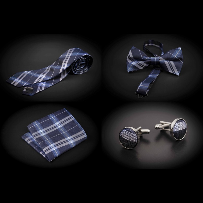 Set cravate, noeud papillon, pochette & boutons de manchettes - bleu à carreaux