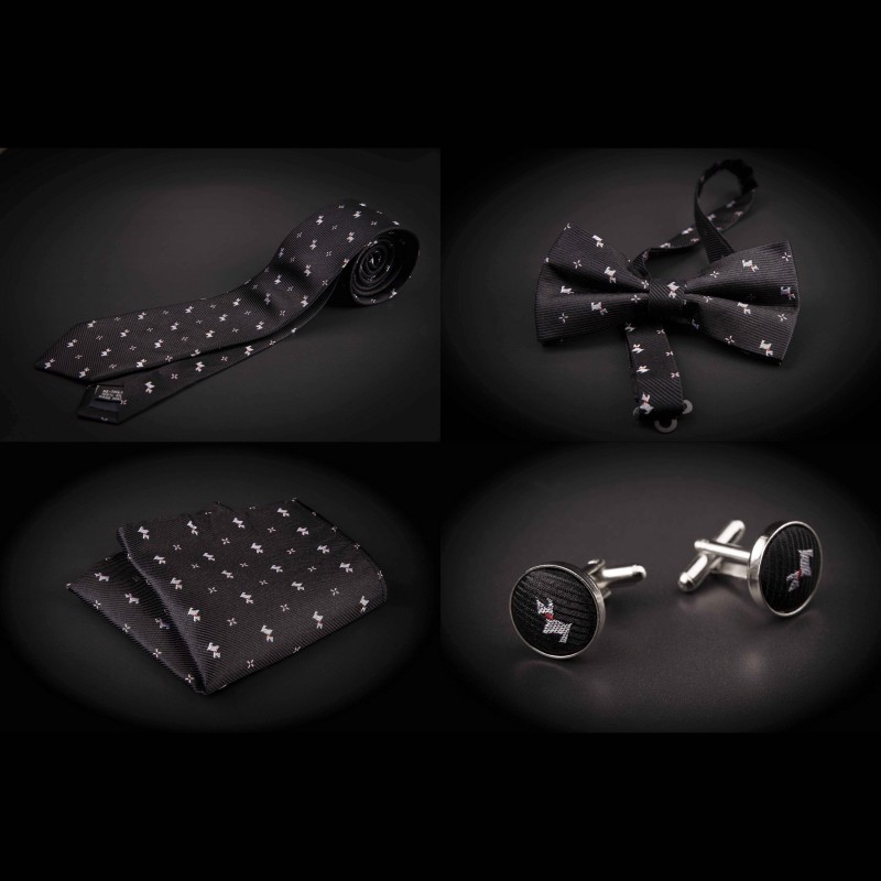Set cravate, noeud papillon, pochette & boutons de manchettes - noir à motifs petits chiens