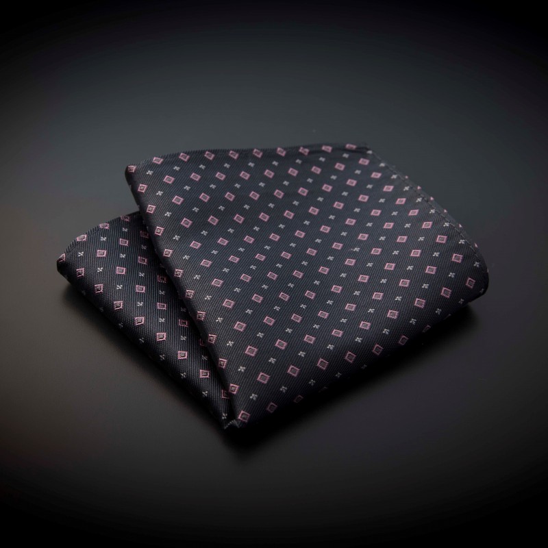 Pochette pure soie - gris foncé (anthracite) à motifs rose et argenté