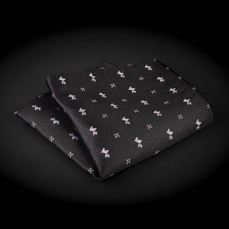 Pochette pure soie - noir à motifs petits chiens