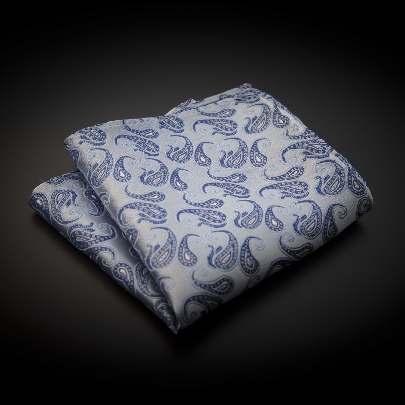 Pochette mariage pure soie - gris argenté à motifs bleu