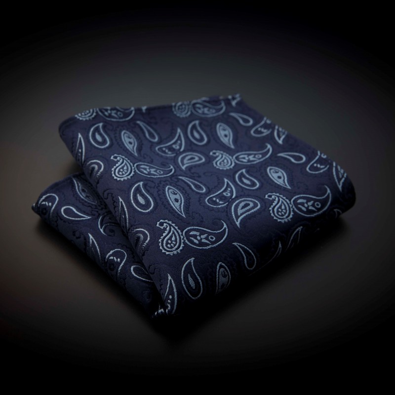 Pochette mariage pure soie - bleu foncé à motifs Paisley bleu clair