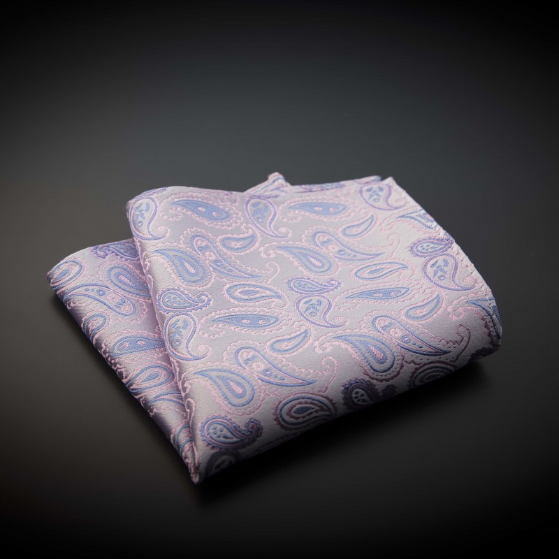 Pochette mariage pure soie - rose à motifs Paisley bleu clair