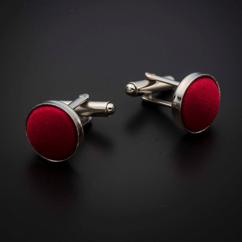 Boutons de manchettes acier & soie - couleur tissu uni rouge