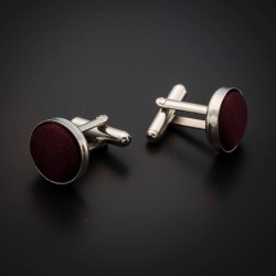 Boutons de manchettes acier & soie - couleur tissu uni bordeau