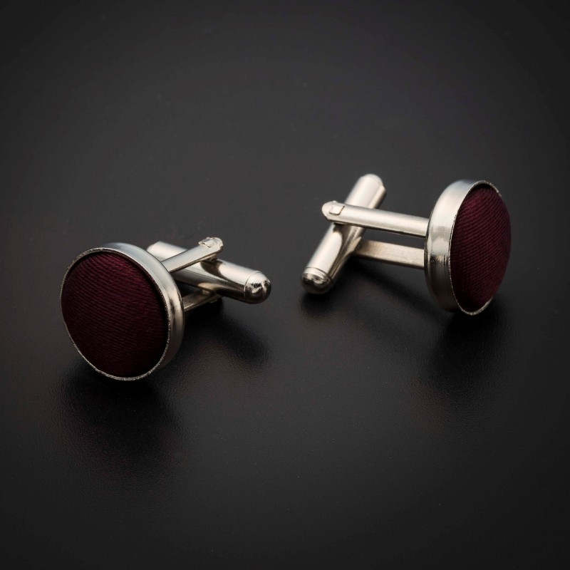 Boutons de manchettes acier & soie - couleur tissu uni bordeau