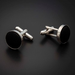 Boutons de manchettes acier & soie - couleur tissu uni noir