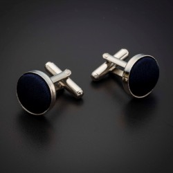 Boutons de manchettes acier & soie - couleur tissu uni bleu foncé