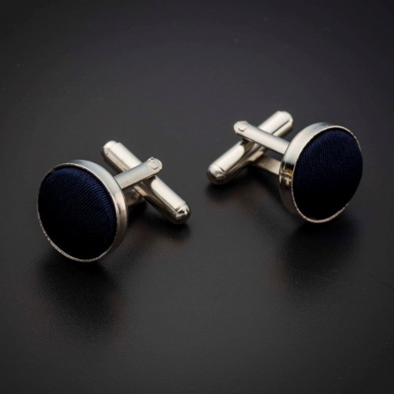 Boutons de manchettes acier & soie - couleur tissu uni bleu foncé