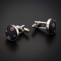 Boutons de manchettes acier & soie - tissu couleur gris foncé (anthracite) à motifs rose et argenté