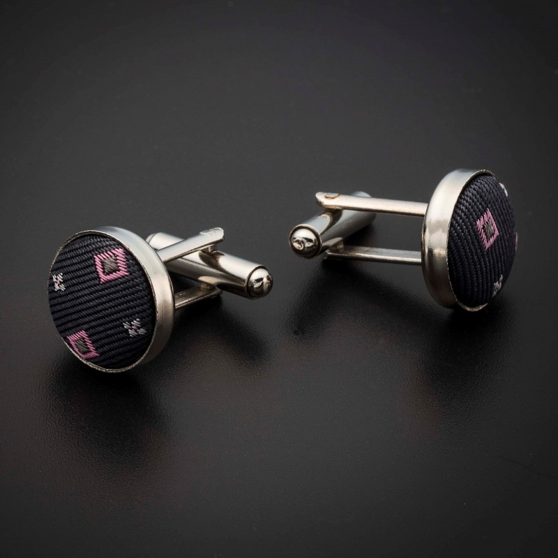 Boutons de manchettes acier & soie - tissu couleur gris foncé (anthracite) à motifs rose et argenté