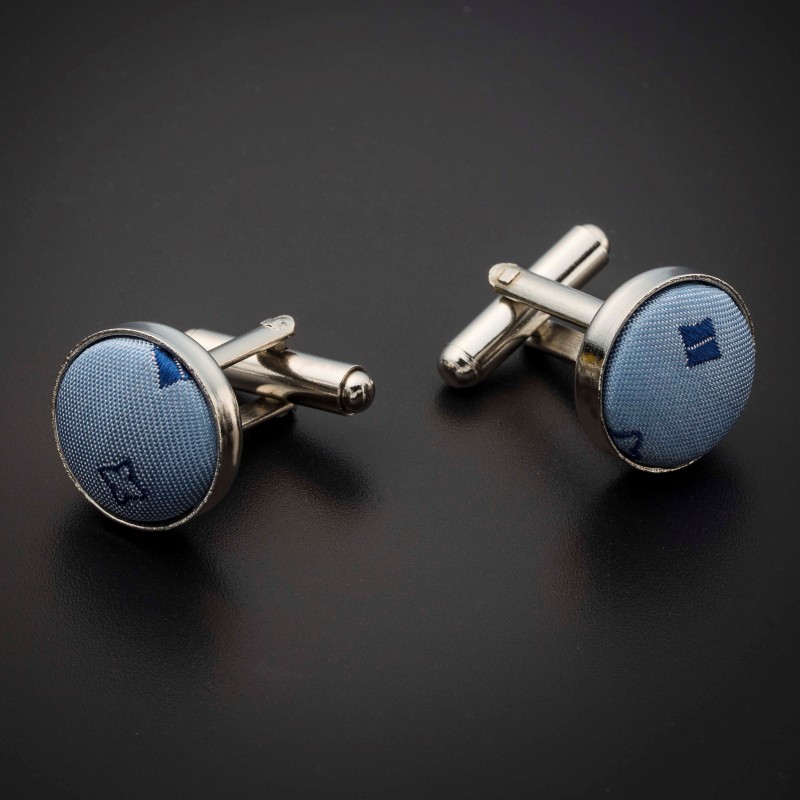 Boutons de manchettes acier & soie - tissu couleur bleu clair à motifs bleu foncé
