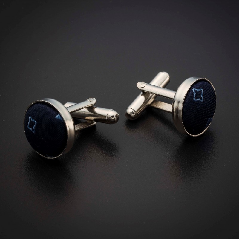 Boutons de manchettes acier & soie - tissu couleur bleu foncé à motifs bleu clair