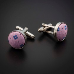 Boutons de manchettes acier & soie - tissu couleur rose à motifs bleu