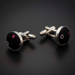 Boutons de manchettes acier & soie - tissu couleur aubergine à motifs rose et argenté