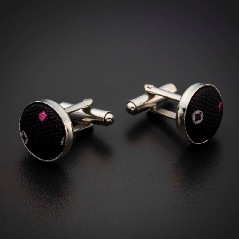 Boutons de manchettes acier & soie - tissu couleur aubergine à motifs rose et argenté