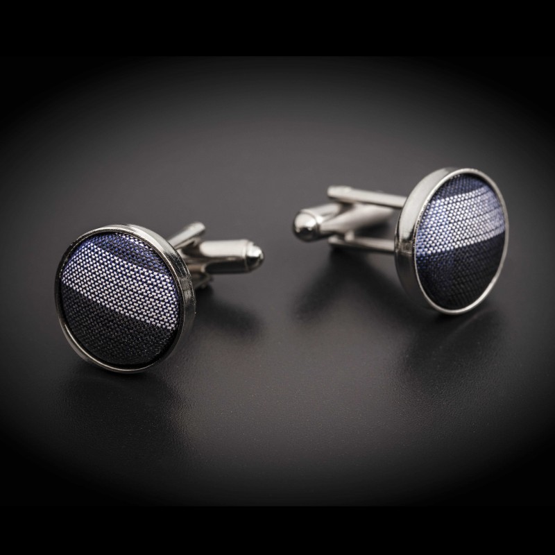 Boutons de manchettes acier & soie - tissu couleur bleu à carreaux