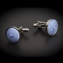 Boutons de manchettes acier & soie - tissu couleur bleu clair à motifs petits chiens