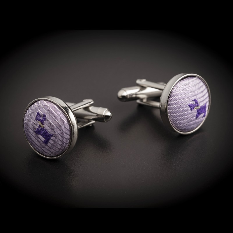 Boutons de manchettes acier & soie - tissu couleur mauve à motifs petits chiens