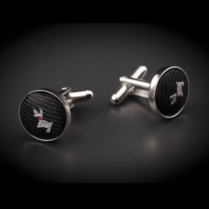 Boutons de manchettes acier & soie - tissu couleur noir à motifs petits chiens