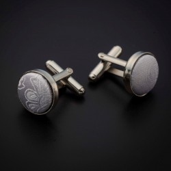 Boutons de manchettes acier & soie - tissu couleur blanc à motifs Paisley blanc