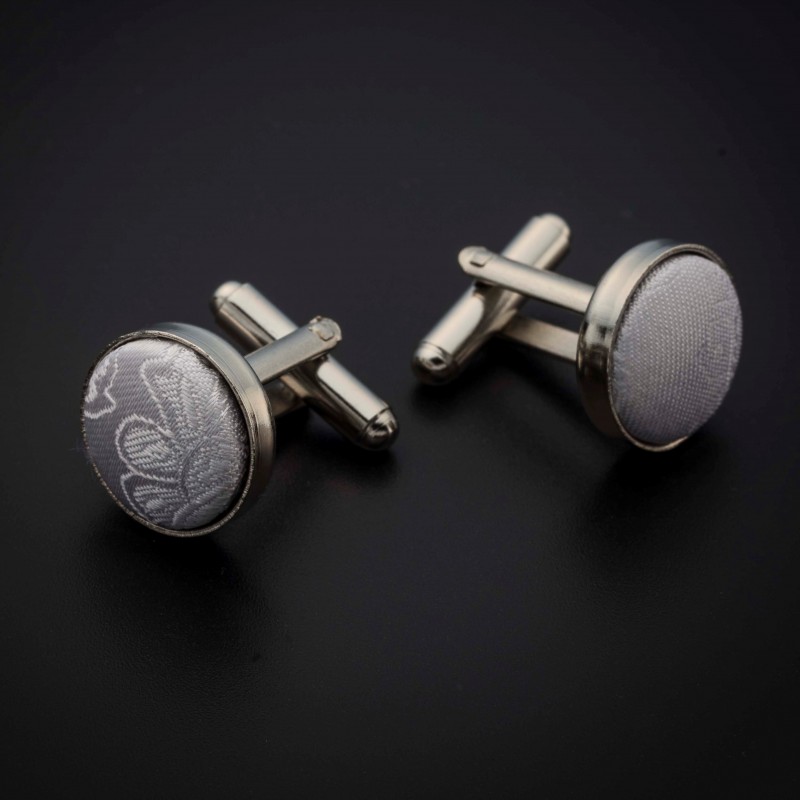 Boutons de manchettes acier & soie - tissu couleur blanc à motifs Paisley blanc