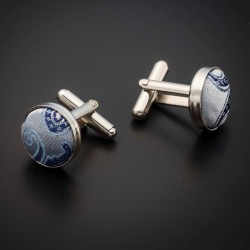Boutons de manchettes acier & soie - tissu couleur gris argenté à motifs Paisley bleu