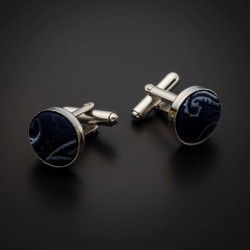 Boutons de manchettes acier & soie - tissu couleur bleu foncé à motifs Paisley bleu clair