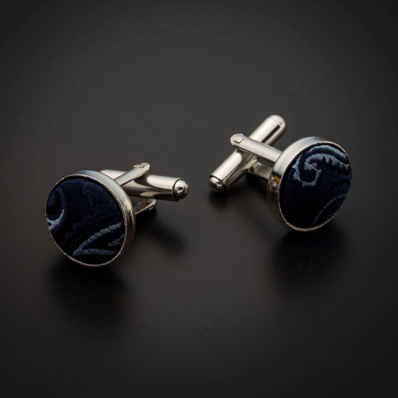 Boutons de manchettes acier & soie - tissu couleur bleu foncé à motifs Paisley bleu clair