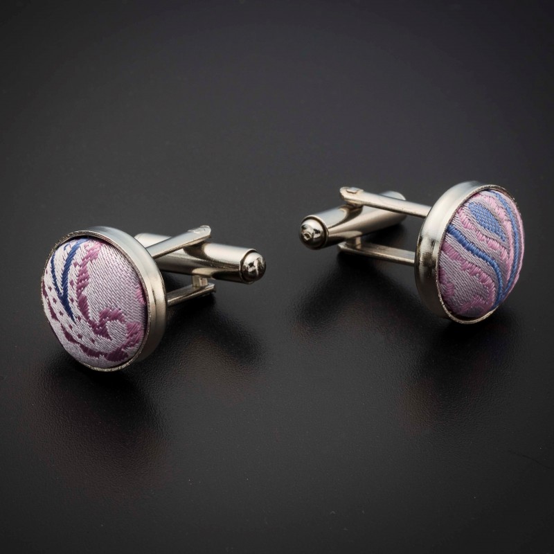 Boutons de manchettes acier & soie - tissu couleur rose à motifs Paisley bleu